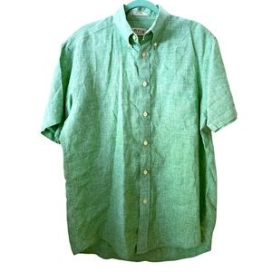 Orvis 100% Linen green houndstooth short-sleeved button down shirt